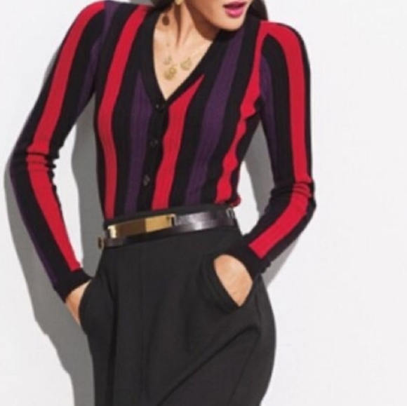 CABI Red Purple Stripe ROYAL PULLOVER CARDIGAN 3538 Sweater Long Sleeve MEDIUM - Picture 9 of 9